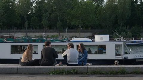 A group of young friends sit on the stone Seine embankment to relax and talk Stock Footage 336725708