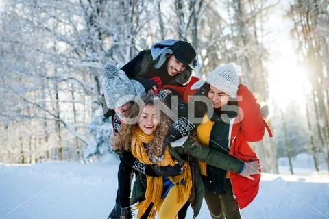 Group of young friends on a walk outdoors in snow in winter forest, having fun. Stock Photos