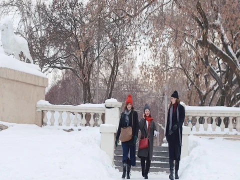 Group Of Young Friends Walking Through Park In Winter City Stock Footage 72484268