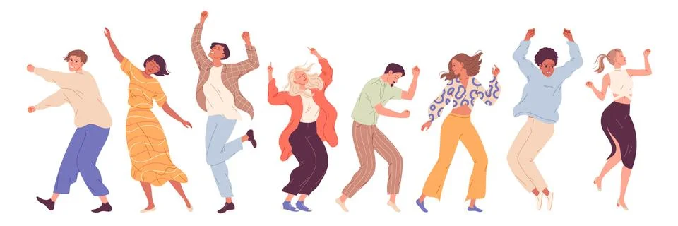 Group of young happy dancing people, dancing characters. Dance party, disco Stock Illustration
