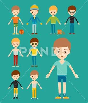 Group of young kid portrait friendship man character team happy people boy Stock Illustration