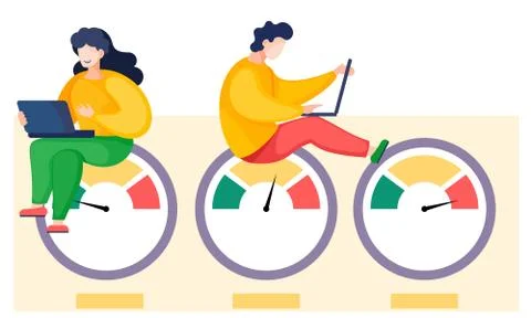 Group of young managers with laptops. Work productivity speed. Speedometers on Stock Illustration