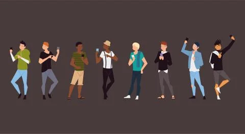 Group young men characters using smartphone Stock Illustration
