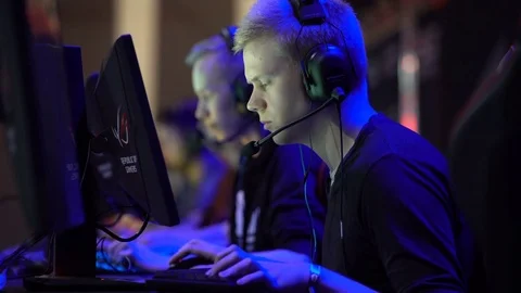 A group of young men playing on computer games. Stock Footage 80388514