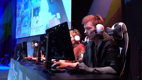 A group of young men playing on computer games. Stock Footage 80397322