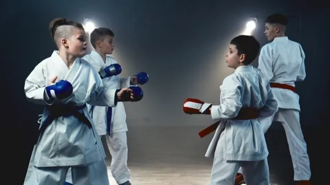Group of young men training karate. Standing next to each other. Focused child Stock Footage 281576191