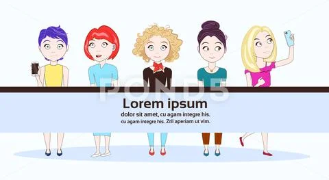 Group Of Young Modern Women In Trendy Clothes Background For Copy Space Banner Stock Illustration