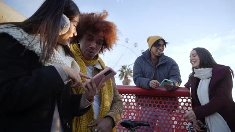 Group of young multi-ethnic cheerful people meeting cold sunny winter day Stock Footage 253096570