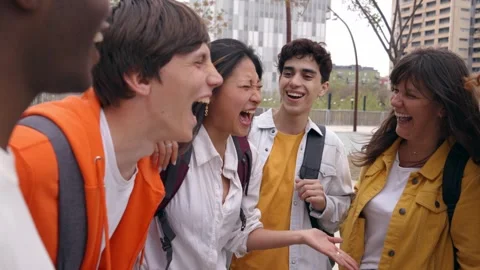 Group young multicultural students looking at laughing Asian girl. Gathering gen Stock Footage 255311687