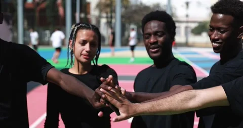 Group of young multiracial people stacking hands outdoor Stock Footage 183008641
