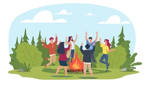 Group of young people dancing around campfire in clearing in woods. Music Stock Illustration
