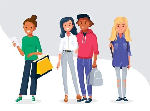 Group of young people in differen poses. Stock Illustration