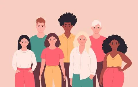 Group of young people of different races, appearances. Multicultural Stock Illustration