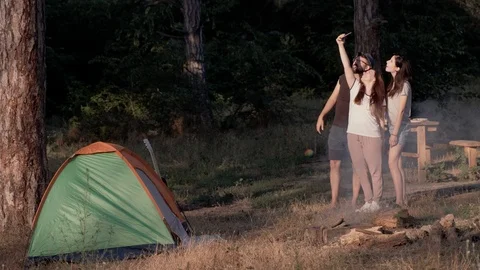 A group of young people in the forest near their tent and campfire take a selfie Stock Footage 115042353