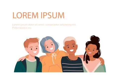 Group of young people hugging. Multicultural students. Stock Illustration