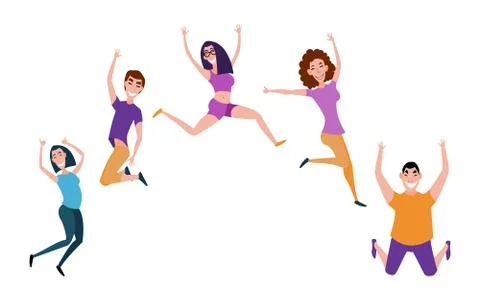 Group of young people jumping with raised hands isolated on white background Stock Illustration