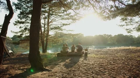 Group of young people sit on logs around a bonpfire and enjoy camping holidays Vídeo Stock 237094526