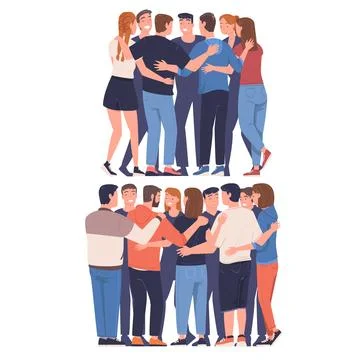 Group of young people standing in circle and hugging set. Friendship Stock Illustration