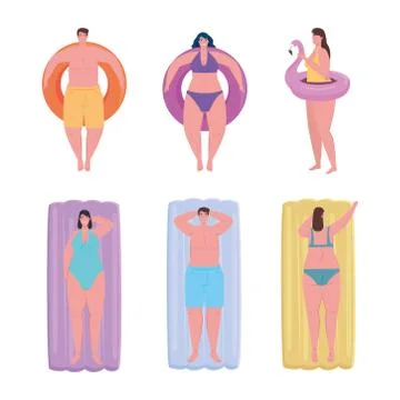 Group young people using swimsuit in the lying inflatable float, summer vacation Stock Illustration