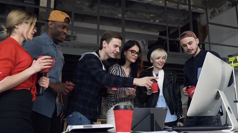 Group of young six office worker clinking a cup of tea, coffee. Stock Footage 108409288