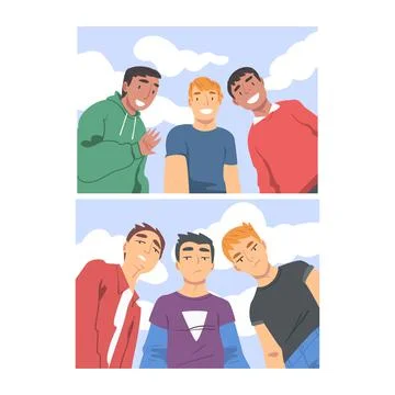 Group of Young Smiling Man Looking at Camera from Above Making Selfie Vector Set Stock Illustration