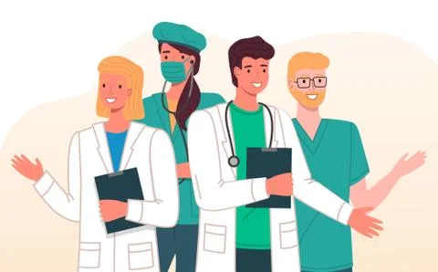 Group of young smiling waving professionals. Females and males are doctors Illustrazione stock