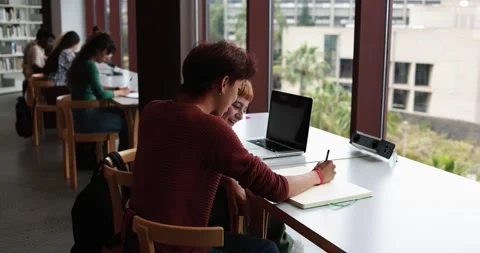 Group of young students learing together inside school library Stock Footage 203720162