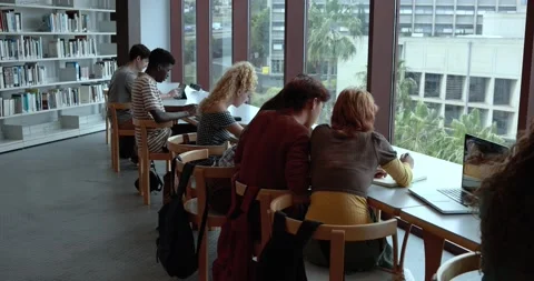 Group of young students learing together inside school library Stock Footage 203721823