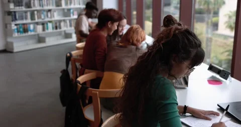 Group of young students learing together inside school library Stock Footage 203721938