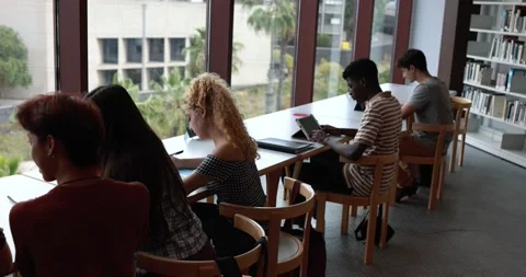 Group of young students learing together inside school library Stock Footage 203722160