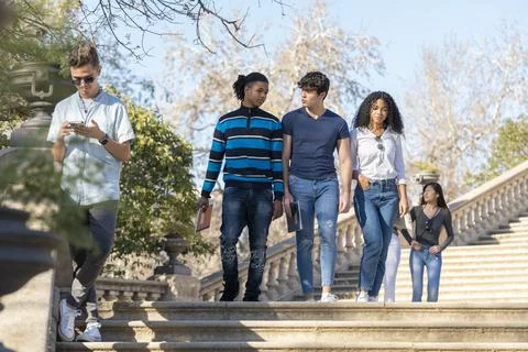 Group of young students walking on some stairs Stock Photos