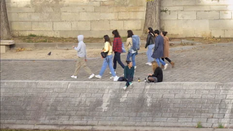 Group of youngsters walking and sitting on the quays of the Seine river in Paris Stock Footage 234540153