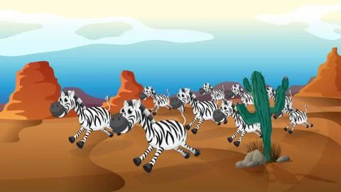 A group of zebra running at the desert Stock Illustration