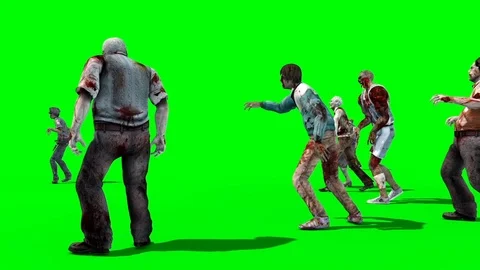 Group of Zombies Walks Green Screen Side 3D Rendering Animation Stock Footage 86072659