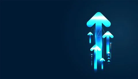 Groups of blue glowing blue arrows surge upward, representing the high-spee.. 库存插图
