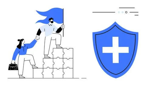 Groups of characters scaling puzzle-piece stairs holding a blue flag, accompa Illustrazione stock