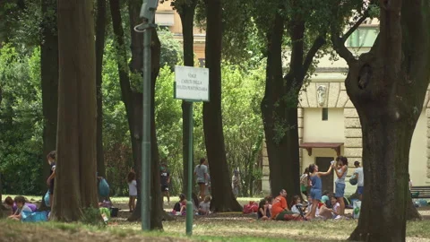 Groups of children playing at the summer camps in the park of Villa Torlonia Stock Footage 157669531