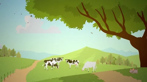 Groups of Cows, Birds and Rat On green field Stock Footage 142731830