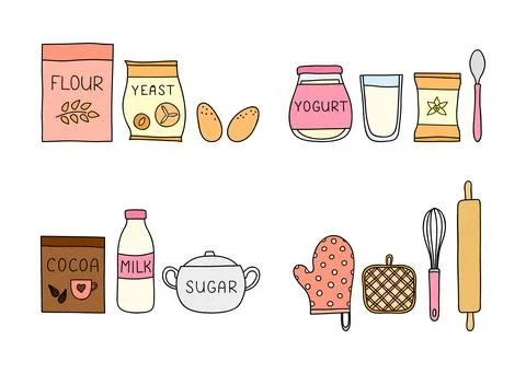 Groups of doodle baking ingredients. Stock Illustration