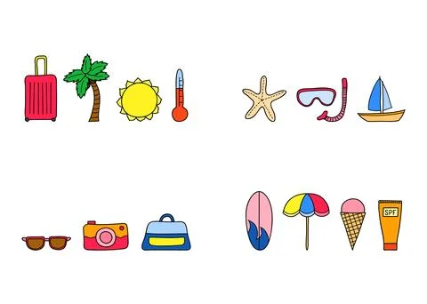 Groups of doodle summer items. Stock Illustration