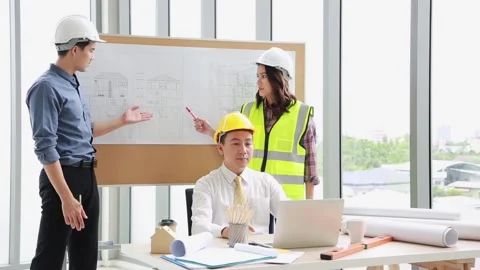 Groups of Engineer talks about production growth have conference video call v Stock Footage 171257789