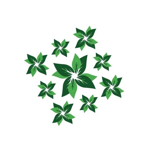 Groups of Green leaves vector flat and Repeating green leaves on branch isol Stock Illustration