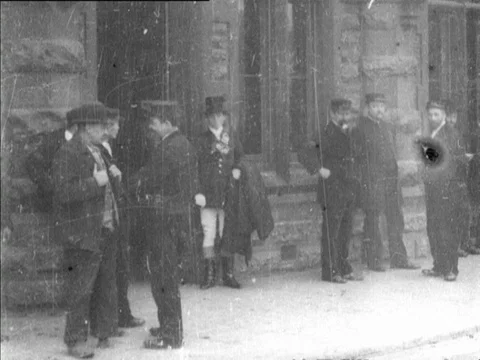 Groups of men are awaiting arrival of Lord Methuen to Bristol, UK 1902 Video stock 136685782