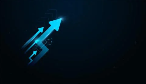 A Groups of Ne-on trails behind the arrows suggest momentum, innovation, an.. Illustrazione stock