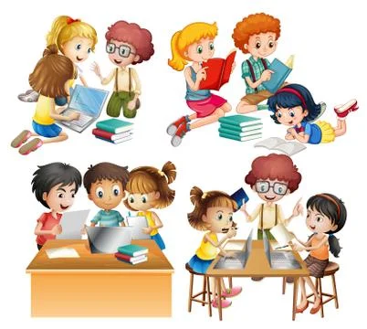 Groups of students reading and working on computer Illustrazione stock