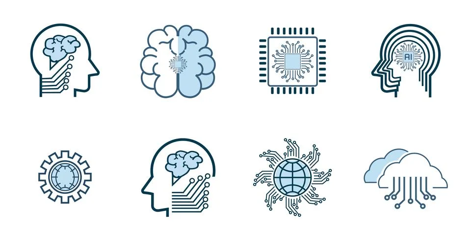 Groups of technology icon set, such as robot, digital, vr, ai, cyber Artifi.. Stock Illustration