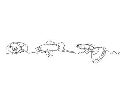 Group,set,three in a row,a flock of abstract aquarium fish Continuous One L.. Stock Illustration