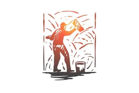 Grouting, cement, worker, wall, repair concept. Hand drawn isolated vector. Stock Illustration