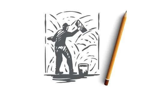 Grouting, cement, worker, wall, repair concept. Hand drawn isolated vector. Stock Illustration