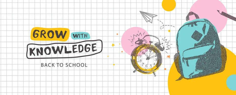 Grow With Knowledge , Back to school. Illustration with halftone backpack, al Stock Illustration
